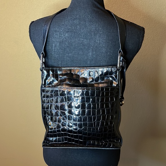BRIGHTON black patent leather embossed Croc Sonny shoulder bag with organizer - Picture 4 of 16